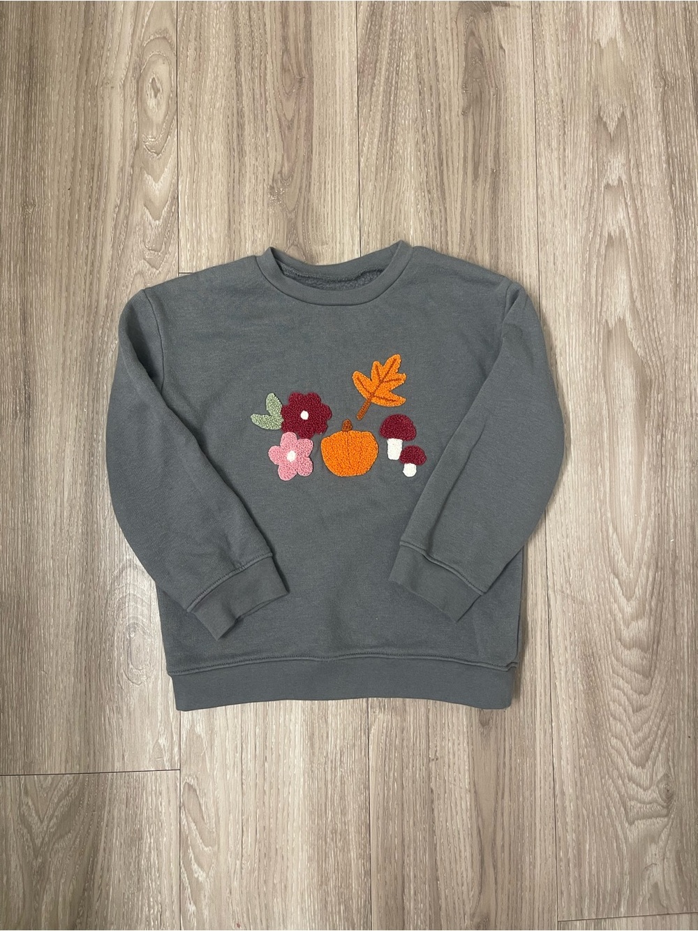 okie dokie Gray Crewneck Sweatshirt with Autumn Appliqués